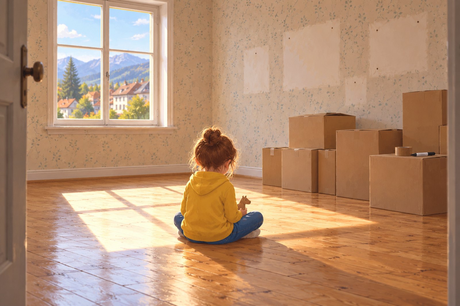Ein ausgeräumtes Kinderzimmer mit gestapelten Kartons und hellen Flecken an der Wand, wo Bilder hingen; mitten am leeren Boden sitzt von hinten gesehen ein Kind und hält einen einzelnen kleinen Gegenstand in beiden Händen.