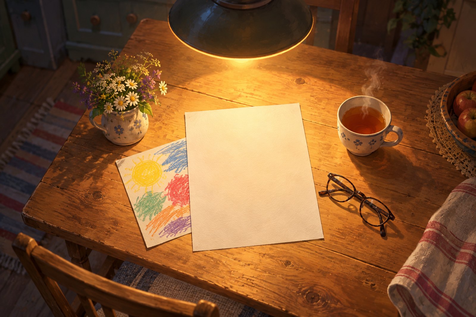 Ein Küchentisch am Abend von oben, darauf ein leeres Blatt Papier, eine zusammengeklappte Lesebrille, eine dampfende Tasse Tee und halb darunter eine Kinderzeichnung.