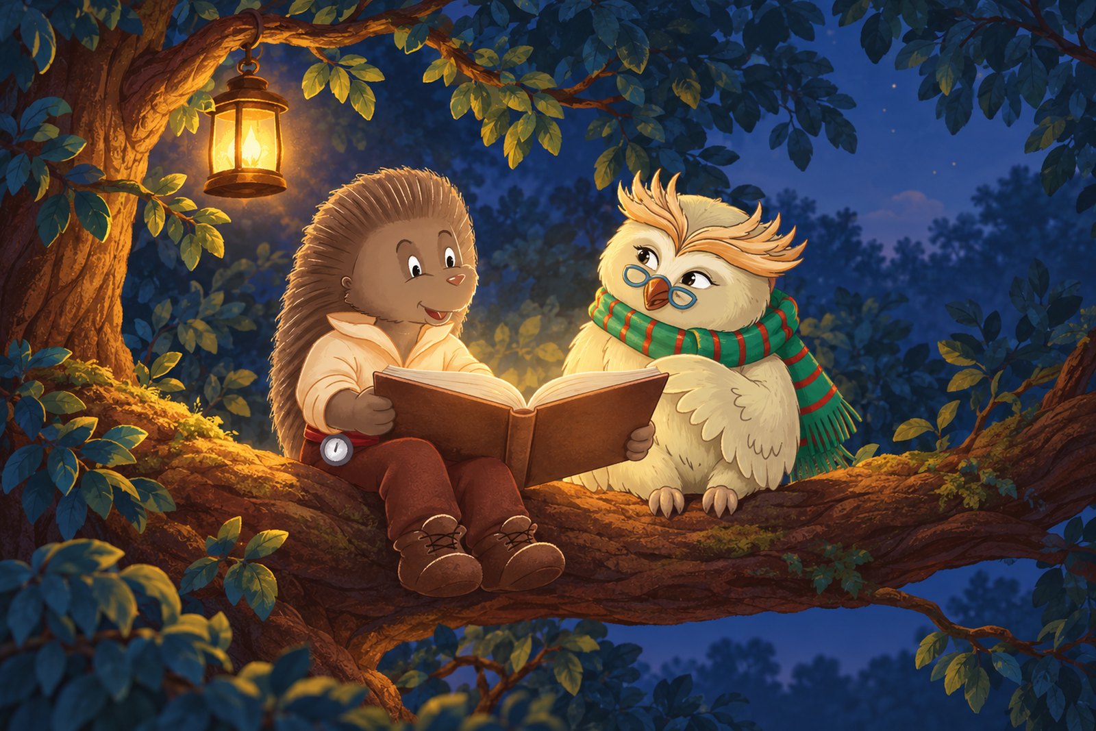 Die Eule Eulinda und der Igel Igebitz sitzen abends auf einem Ast, zwischen ihnen ein aufgeschlagenes Buch, dessen unteren Rand der Igel gerade selbst übernimmt.