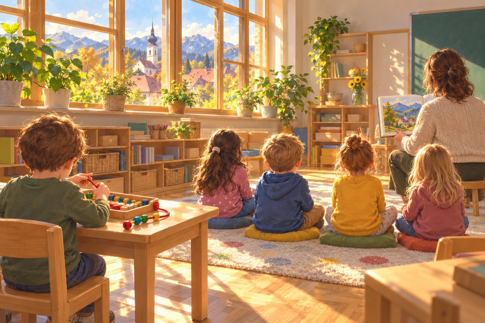 Ein helles Klassenzimmer von hinten: Kinder sitzen im Halbkreis auf einem Teppich, ein Kind arbeitet etwas abseits an einem niedrigen Tisch konzentriert an einem Fädelspiel.