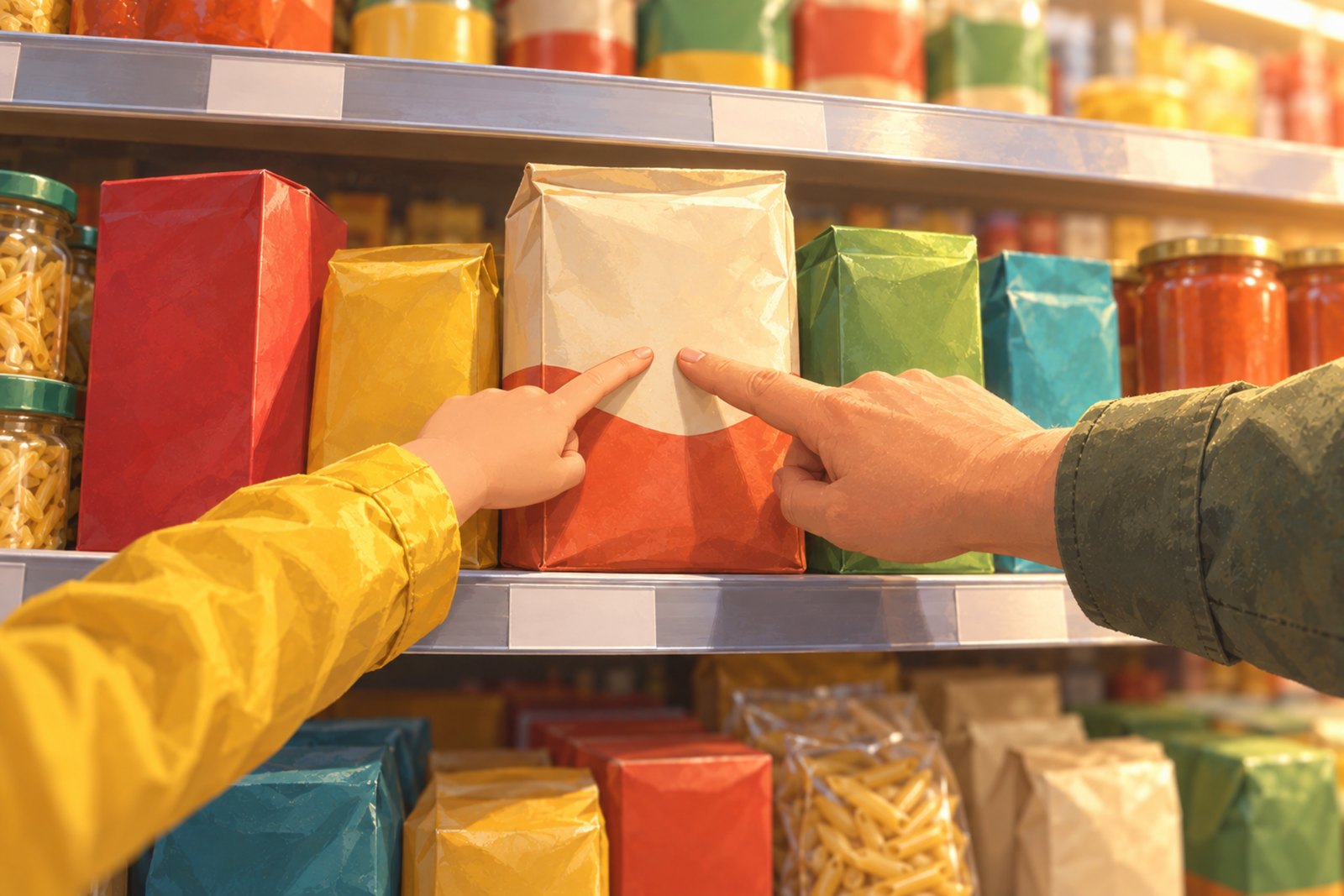 Ein Supermarktregal aus Kinderhöhe mit bunten, markenlosen Verpackungen; im Vordergrund zeigen eine Kinderhand und eine Erwachsenenhand gemeinsam auf dieselbe Stelle einer Packung.