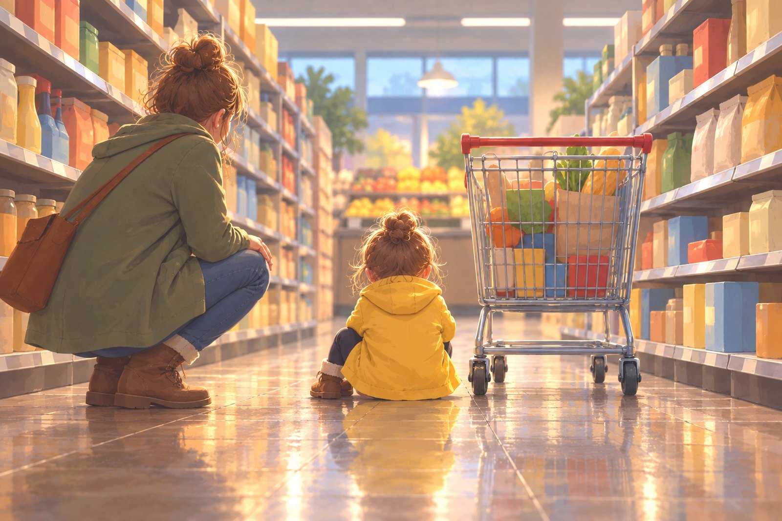 Ein kleines Kind sitzt im Supermarktgang neben dem Wagen am Boden, ein Erwachsener ist daneben in die Hocke gegangen, die Hände auf den eigenen Knien, und wartet.