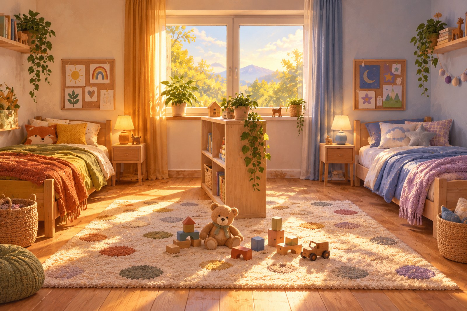 Ein geteiltes Kinderzimmer, in dem ein quer gestelltes Regal zwei Zonen abgrenzt: jede Seite hat ein eigenes Bett, eine eigene Lampe und eine eigene kleine Bildertafel, in der Mitte liegt ein gemeinsamer Teppich.
