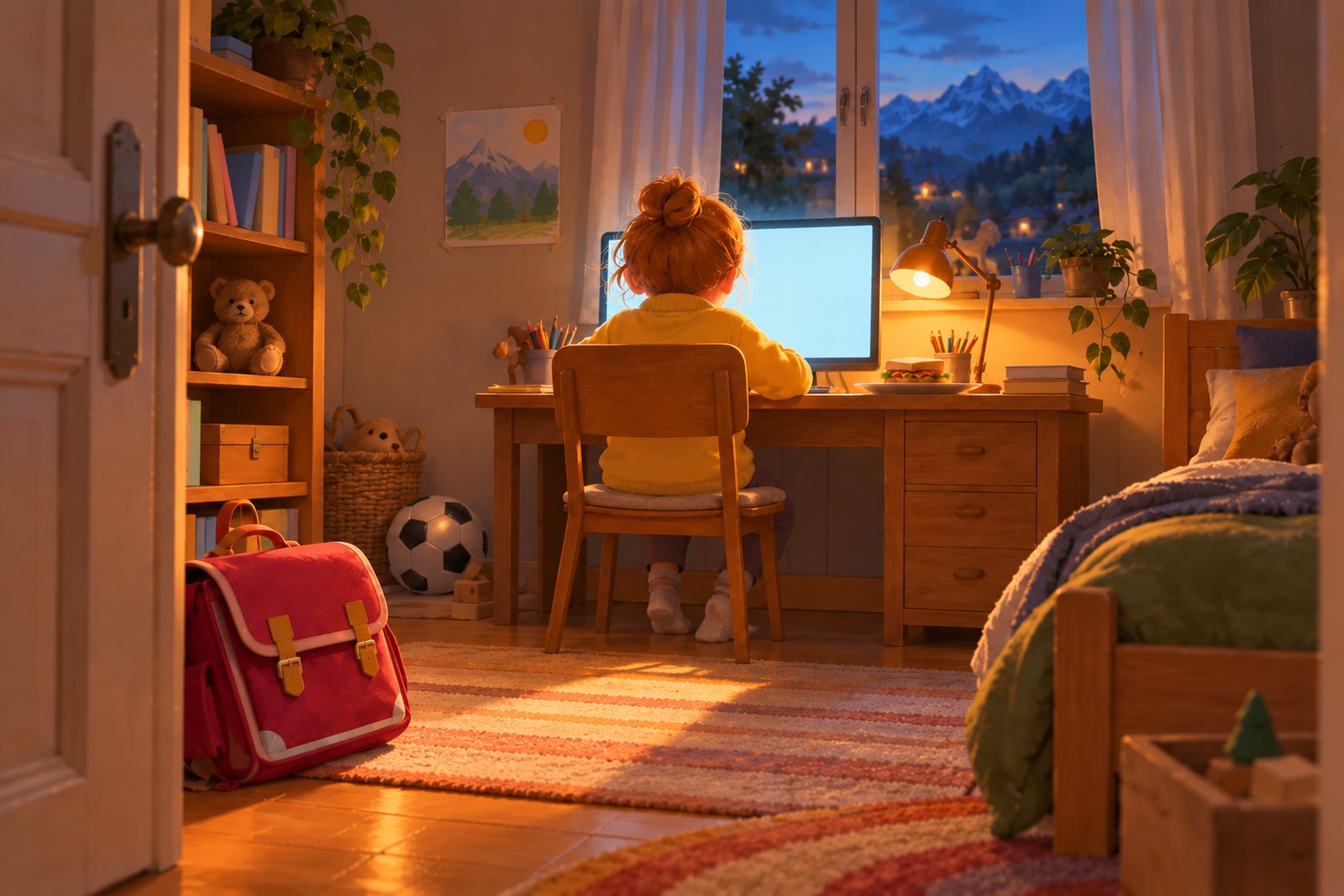 Der Blick ins Kinderzimmer am späten Nachmittag: ein Kind sitzt von hinten gesehen vor einem Bildschirm, daneben ein unberührter Teller, an der Tür die ungeöffnete Schultasche, draußen ist es schon dunkel.