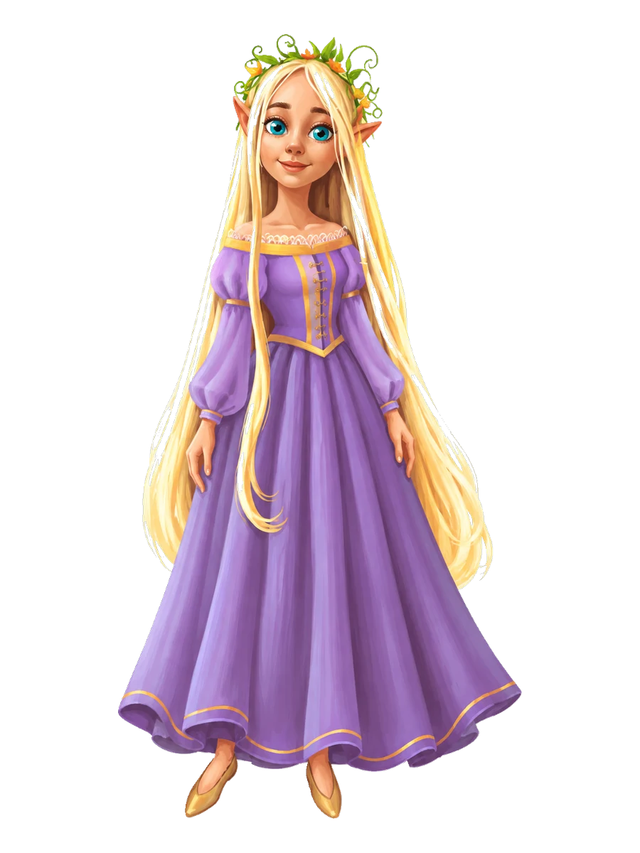 Ellania Alcar, die junge Lichtelbin, in ganzer Figur – sehr langes hellblondes Haar, spitze Ohren, ein Kranz aus grünen Blättern und kleinen Blüten im Haar, fliederfarbenes Kleid mit goldenen Borten und goldene Schuhe.