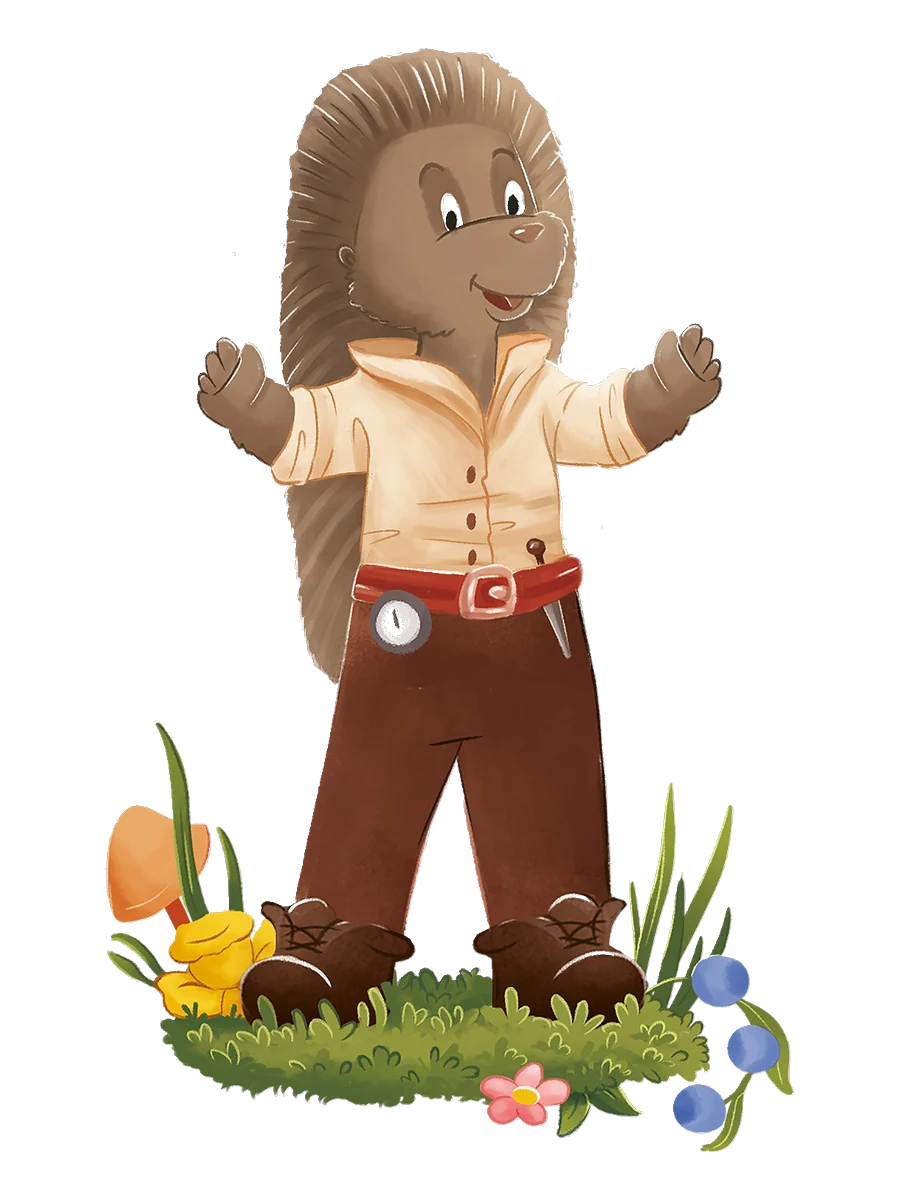 Igebitz, der kleine Igel, mit ausgebreiteten Armen auf einer kleinen Blumenwiese – cremefarbenes Hemd, roter Gürtel mit Silberschnalle und Taschenuhr, braune Hose und Stiefel.