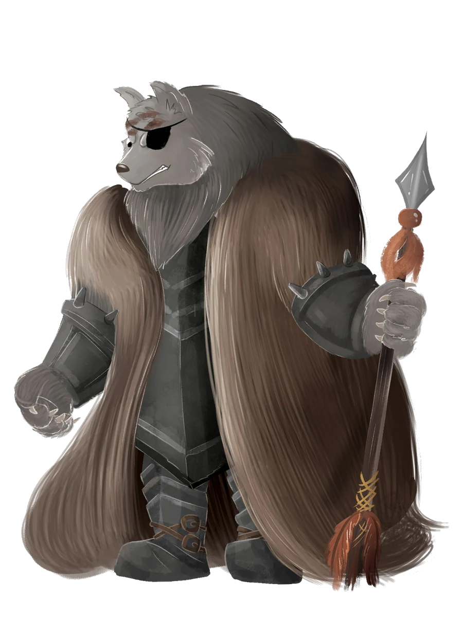 Lupin, der große graue Wolf, in ganzer Figur – schwerer Fellumhang, dunkle Plattenrüstung mit bestachelter Schulter, Augenklappe und der Speer mit Kupferzier und Quaste in der Pfote.