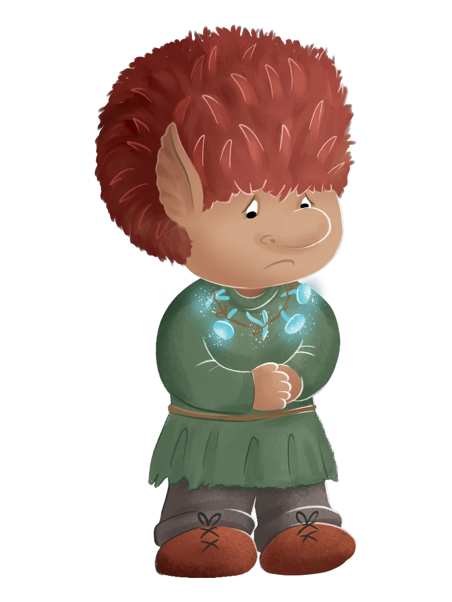 Tramiel, der kleine Troll aus Luminosa, von vorn – wilder roter Haarschopf, große spitze Ohren, grüner Kittel und die türkis leuchtende Leuchtpilzkette an seinem Hals.