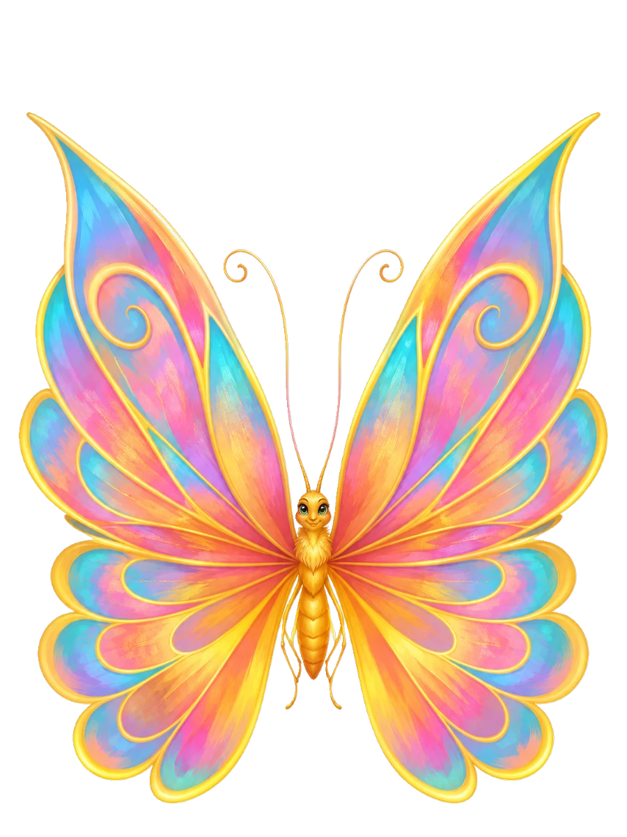 Wilwarin, der schmetterlingsähnliche Lorikon – weit geöffnete, schillernde Flügel in Rosa, Gold, Orange und Türkis mit goldenen Ranken und langen, gebogenen Fühlern.
