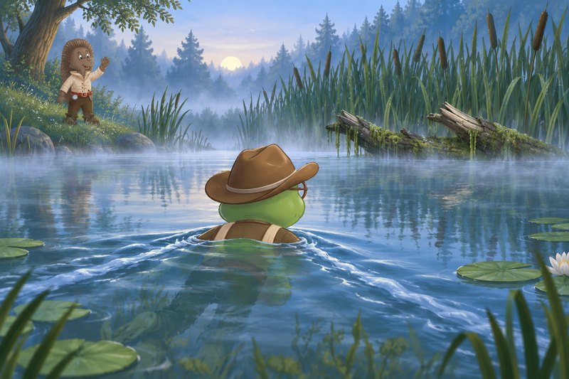 Frosch Frido schwimmt am frühen Morgen durch den nebligen Teich auf das dichte Schilf zu, von hinten zu sehen, mit seinem braunen Hut über dem Wasser. Im Schilf liegt ein alter, halb versunkener Weidenast. Am Ufer steht Igebitz klein im Bild und hebt aufmunternd eine Pfote.