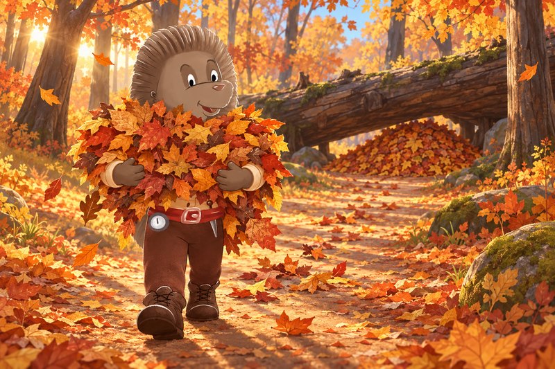 Igel Igebitz trägt an einem sonnigen Herbsttag einen riesigen Arm voll bunter Blätter den Waldweg entlang auf den Betrachter zu; nur sein Gesicht, die Beine und der rote Gürtel mit der Taschenuhr schauen aus dem Laub heraus. Im Hintergrund liegt unter einem umgestürzten Baumstamm schon ein großer Laubhaufen.