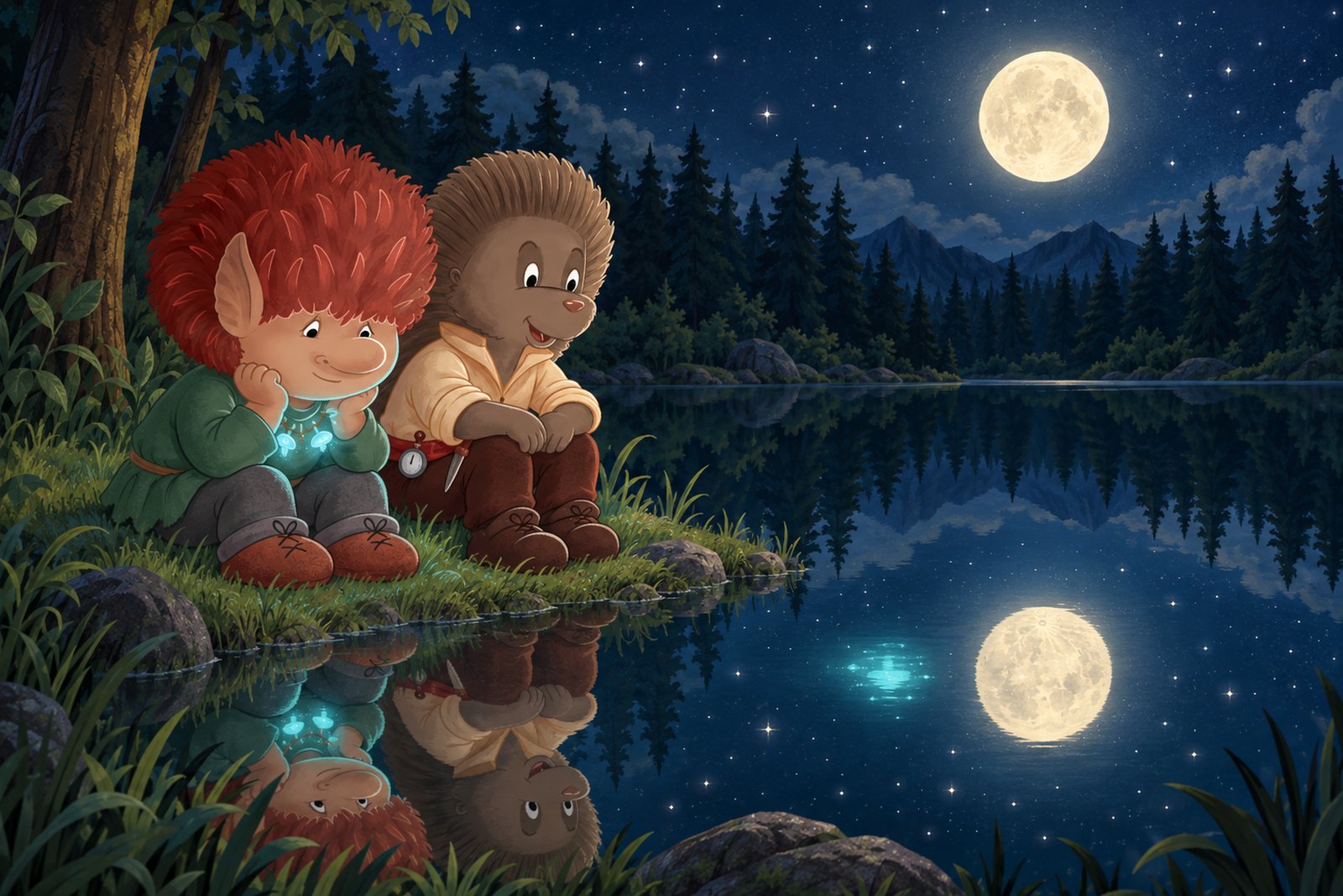 Troll Tramiel und Igel Igebitz sitzen nachts am Ufer des spiegelglatten Kristallsees und schauen ins Wasser. Darin spiegeln sich der volle Mond, die Tannen und die Sterne. Tramiels Leuchtpilzkette wirft eine zweite, türkis leuchtende Spiegelung neben die des Mondes.