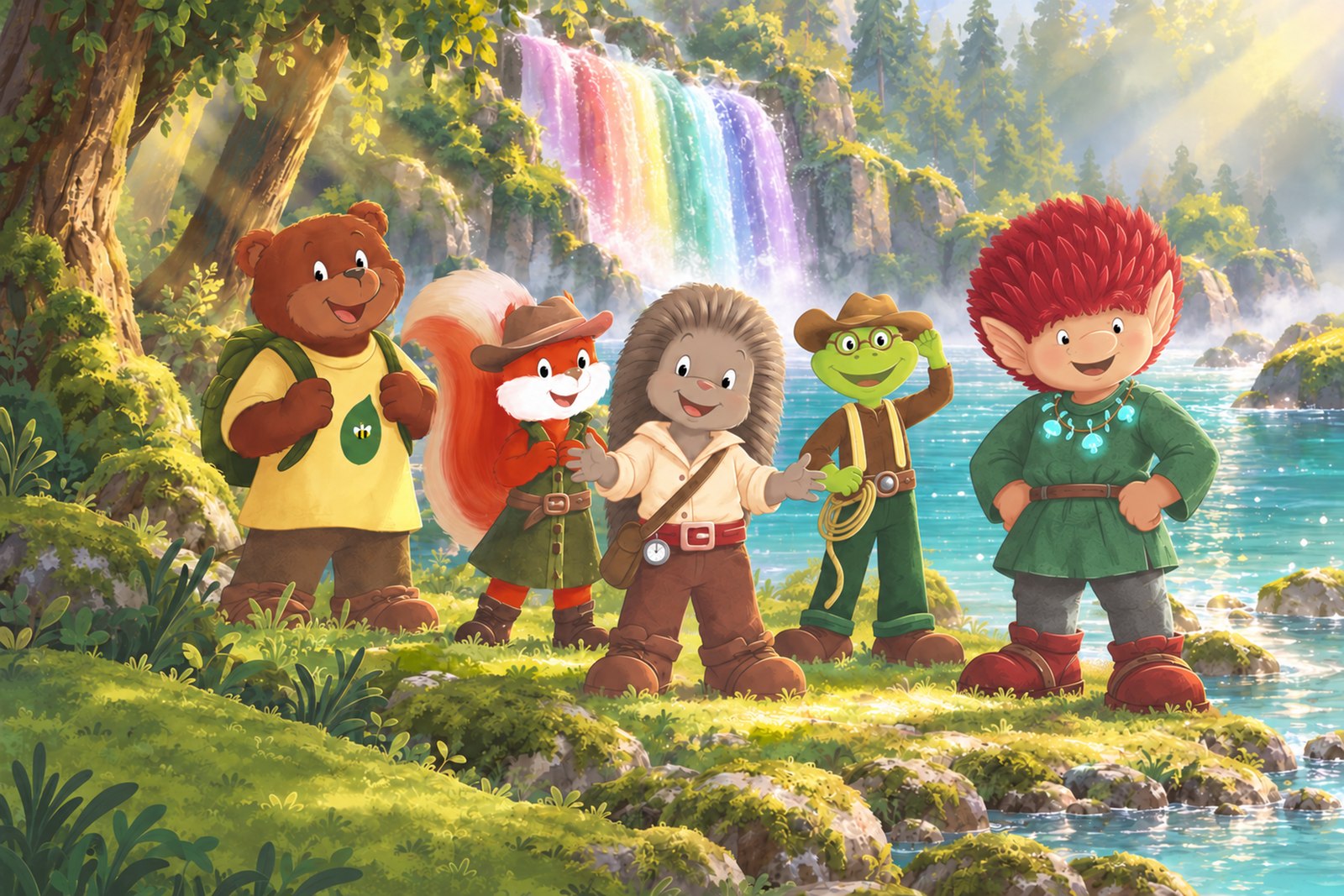 Igebitz, Ellie, Brummel, Frido und Tramiel stehen nebeneinander am Ufer des Kristallsees im Smaragdwald, hinter ihnen der Regenbogen-Wasserfall.