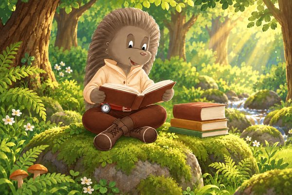 Der Igel Igebitz sitzt im Schneidersitz auf einem Moosstein im Wald und liest in einem aufgeschlagenen Buch; neben ihm liegt ein Stapel aus drei Büchern, das unterste dünn, das oberste deutlich dicker.
