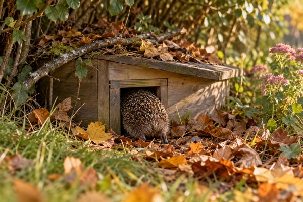 Ein hölzernes Igelhaus steht im Herbst unter einer Hecke, mit Laub und Zweigen abgedeckt; am dunklen Eingang ist ein Igel zu sehen, ringsum liegt buntes Herbstlaub.