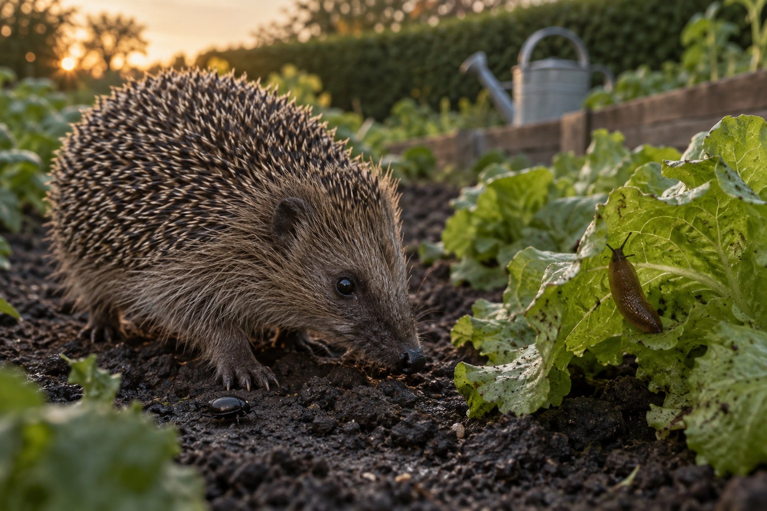 Ein Igel läuft in der Abenddämmerung mit gesenkter Schnauze zwischen den Salatreihen eines Gemüsebeets; auf einem Salatblatt kriecht eine Nacktschnecke, daneben sitzt ein Laufkäfer auf der Erde.