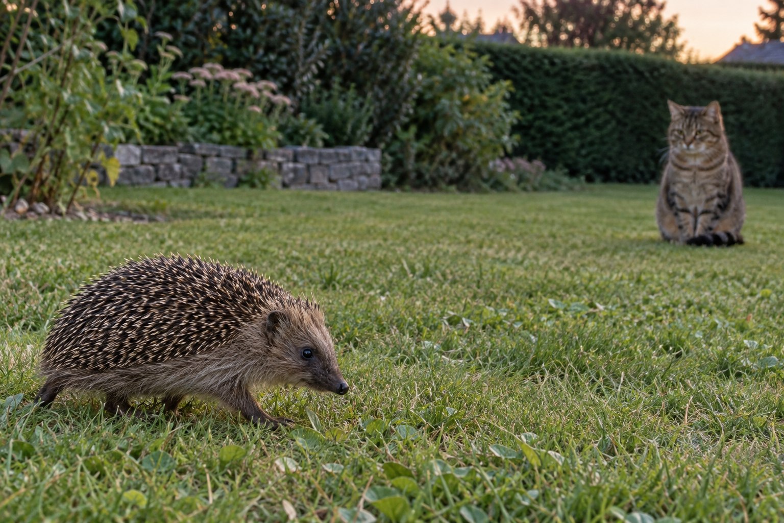 Ein Igel läuft in der Abenddämmerung mit flach anliegenden Stacheln über eine Rasenfläche, während eine getigerte Hauskatze in deutlichem Abstand ruhig sitzt und ihn beobachtet.