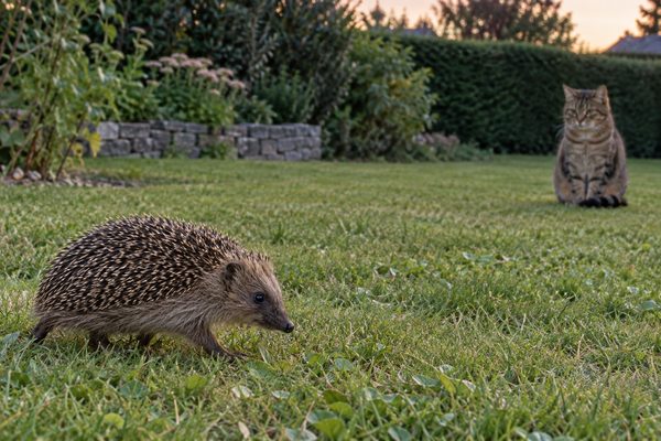 Ein Igel läuft in der Abenddämmerung mit flach anliegenden Stacheln über eine Rasenfläche, während eine getigerte Hauskatze in deutlichem Abstand ruhig sitzt und ihn beobachtet.