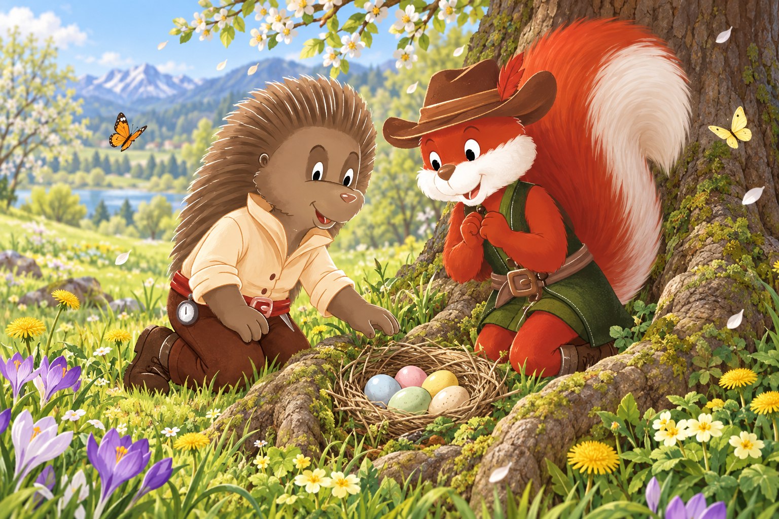 Igebitz und Ellie knien auf einer Frühlingswiese vor einem Grasnest mit bunt bemalten Eiern zwischen den Wurzeln eines Baums, ringsum Krokusse, Löwenzahn und Schmetterlinge.