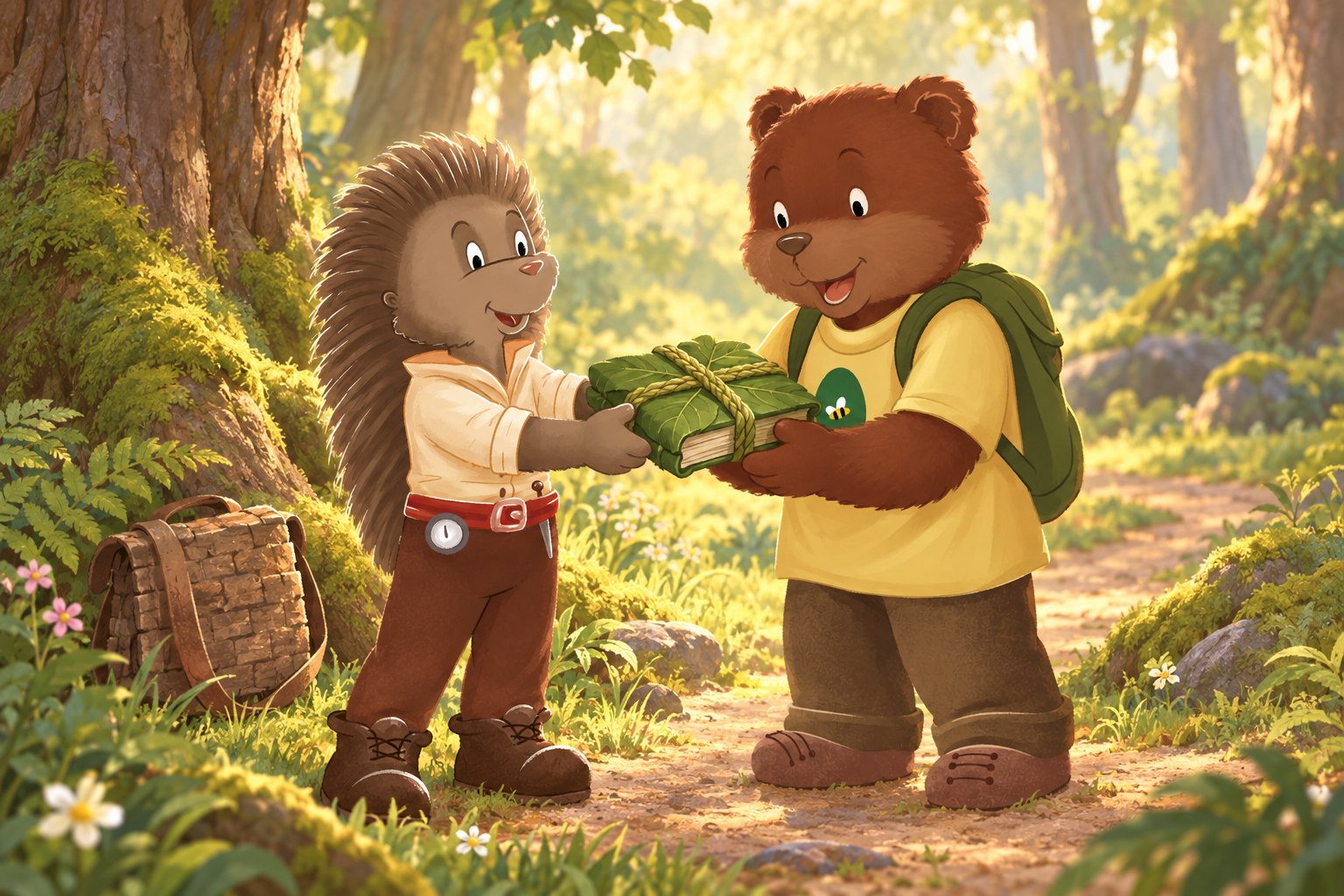 Der Igel Igebitz überreicht dem Bären Brummel auf einem Waldweg ein in grüne Blätter gewickeltes Buch, zugebunden mit einem Band aus geflochtenem Gras.