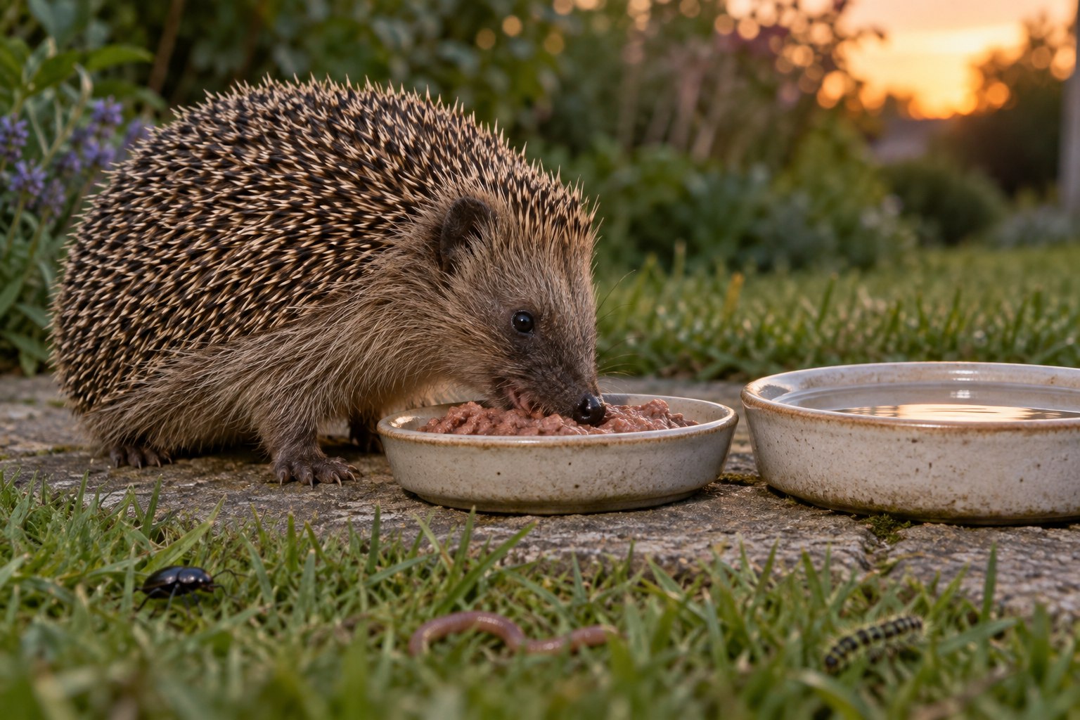 Ein Igel frisst in der Abenddämmerung von einer flachen Schale mit Katzennassfutter; daneben steht eine zweite Schale mit klarem Wasser, im Gras davor ein Käfer, ein Regenwurm und eine Raupe.