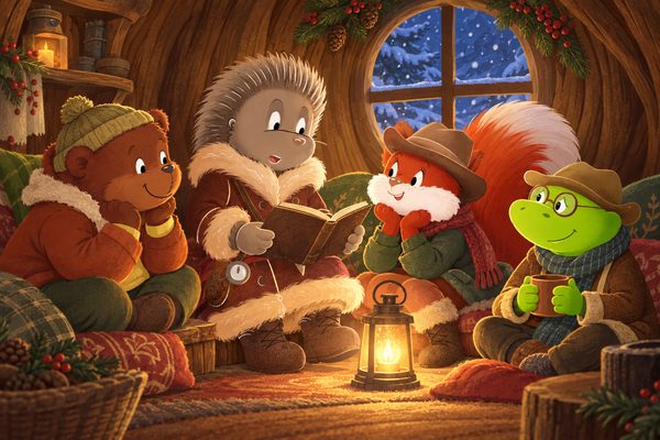 Igebitz, Brummel, Ellie und Frido sitzen in Wintersachen um eine Laterne in einer gemütlichen Baumhöhle; Igebitz liest aus einem Buch vor, draußen fällt Schnee vor dem runden Fenster.
