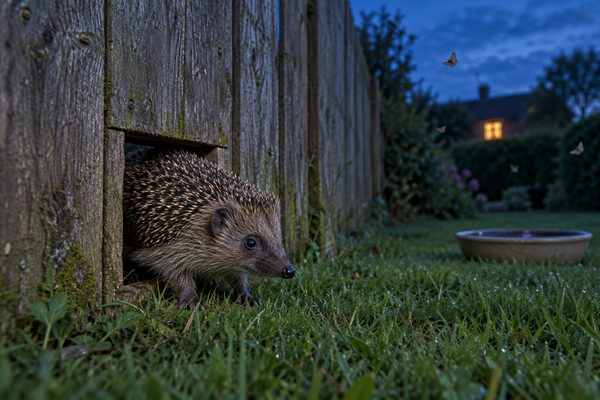 Ein Igel zwängt sich zur blauen Stunde durch eine kleine quadratische Öffnung am Fuß eines Holzzauns; im Gras davor steht eine flache Wasserschale, im Nachbargarten brennt ein Fenster.