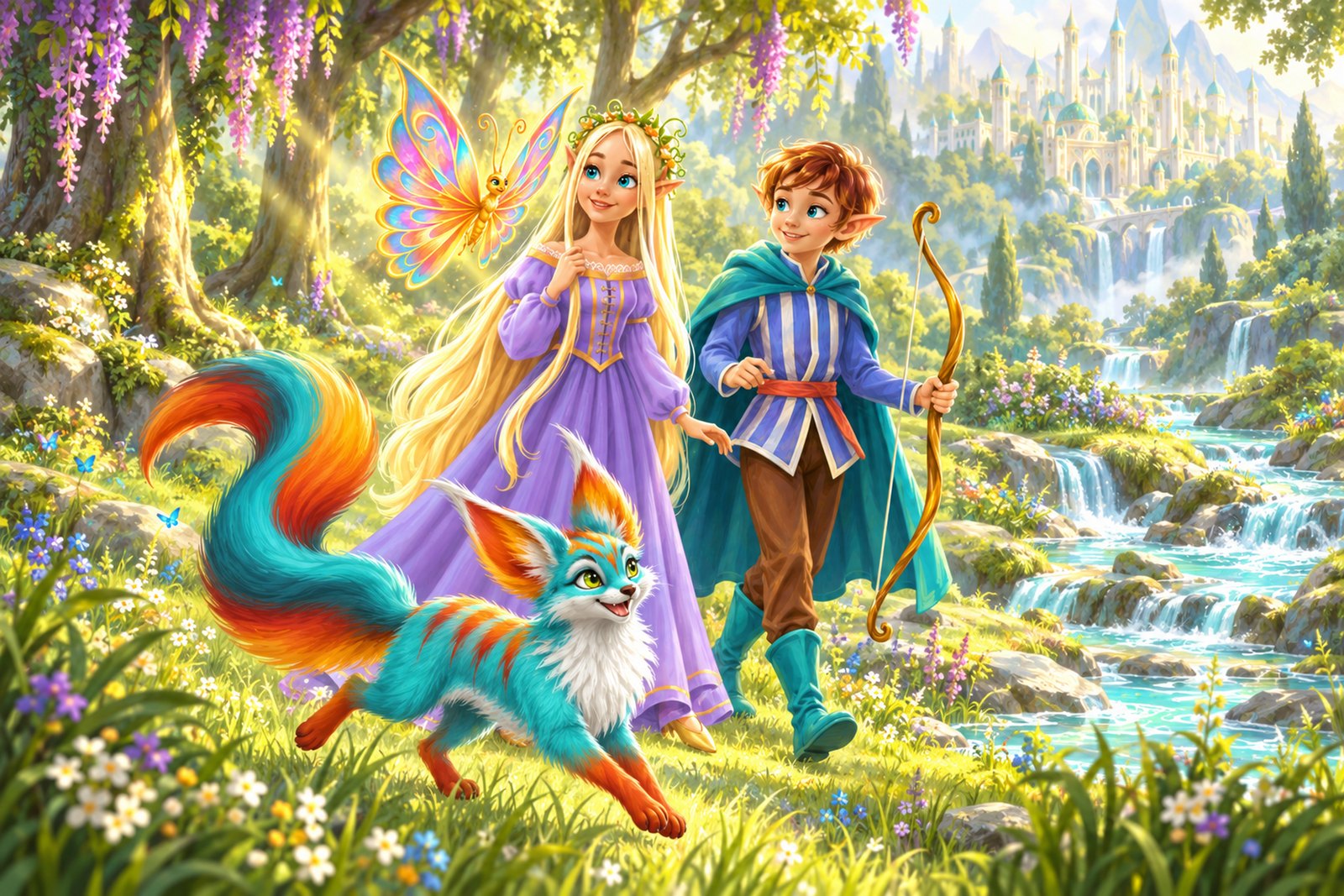 Ellania mit ihrem Schmetterling Wilwarin, Franiel mit seinem goldenen Bogen und der Lorikon Rusko auf einer sonnigen Lichtung in Galador, im Hintergrund die Elfenstadt.